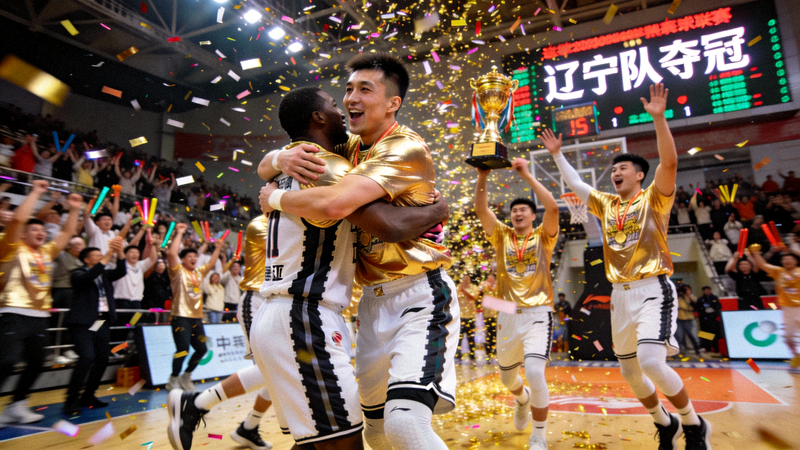 CBA辽宁队球员在夺冠后庆祝胜利的激动场面，彩带飞舞