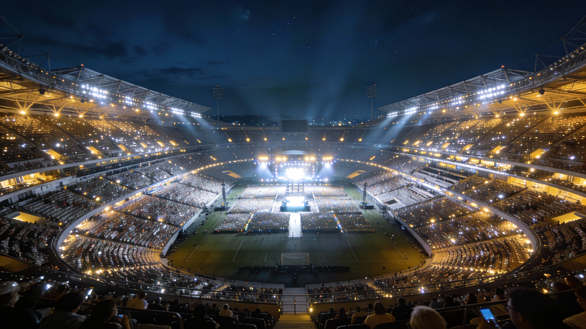 低调看网站主横幅背景图，显示一个座无虚席的现代化体育场夜景，灯光璀璨