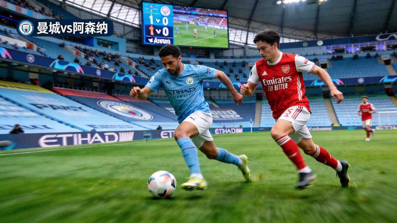 英超联赛曼城对阵阿森纳的比赛直播画面，球员带球突破